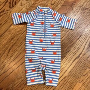 Baby Boden UPF 40+ Rash Guard One-Piece Crab Stripe Swim Sunsuit 6–9M
